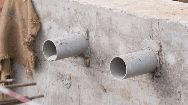Concrete wall with exposed pipes