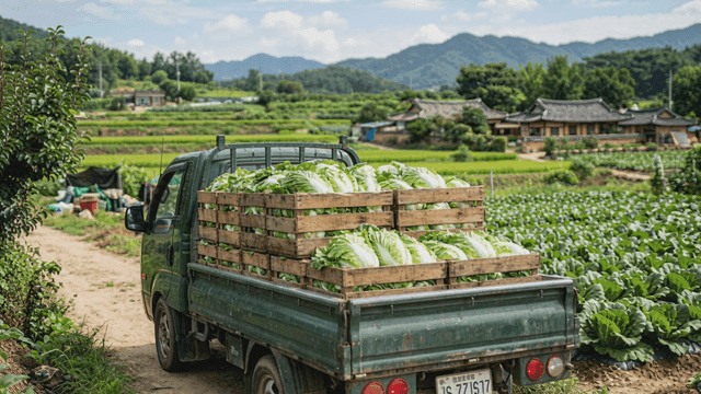 Truck loaded with cabbage from farm.