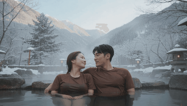눈 덮인 온천에서 휴식을 취하는 커플