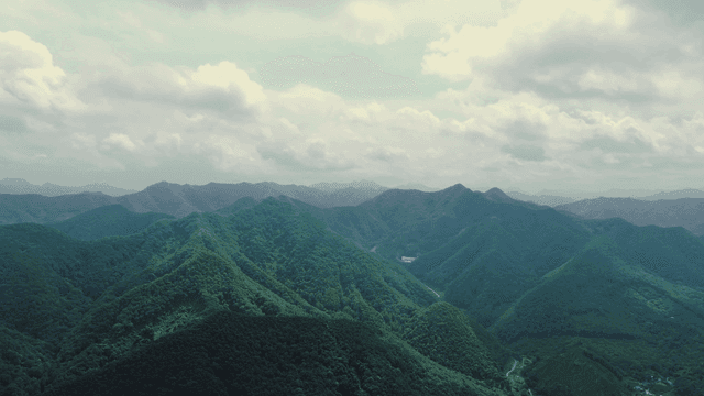 구름 낀 하늘 아래 푸른 산