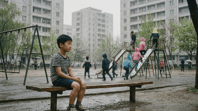 Boy sitting alone in rainy playground