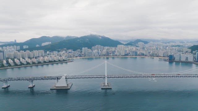 Modern cityscape with long bridge over tranquil sea
