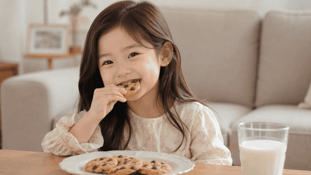 Girl eating cookies with milk