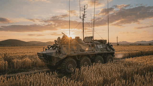 North Korean military tank in wheat field at sunset