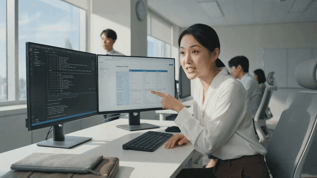 Office worker explaining while looking at monitor at desk