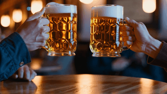 바에서 맥주잔을 들고 건배하는 사람들