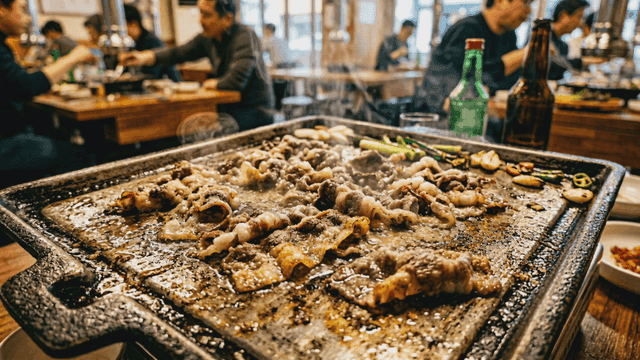 Thinly sliced ​​pork belly grilled on hot iron plate