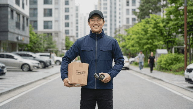 Delivery person holding package on city street