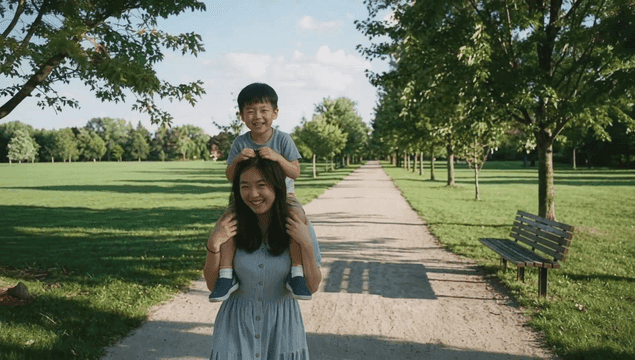 Mother giving her child piggyback ride in park