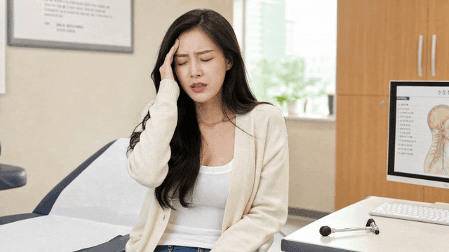 Female patient suffering from headaches at clinic