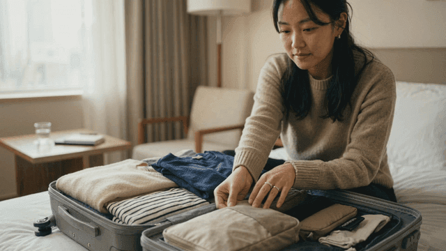 Woman packing clothes in suitcase