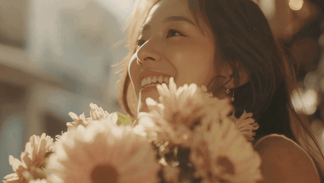 Woman smiling with flowers in sunlight