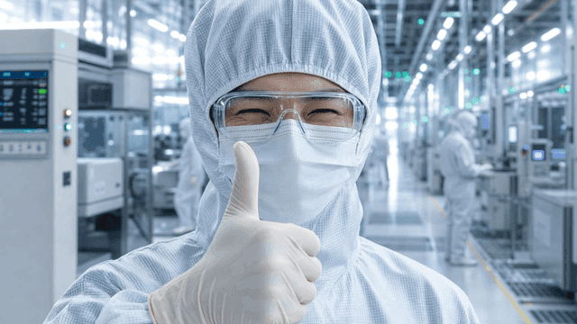 Cleanroom technician wearing protective gear and giving thumbs up