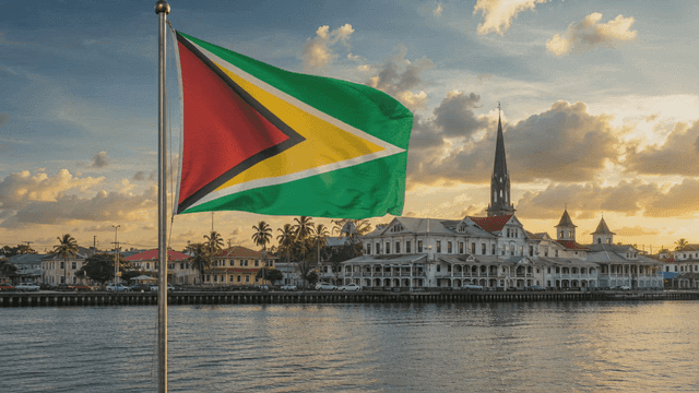 Guyanese flag fluttering at sunset by river