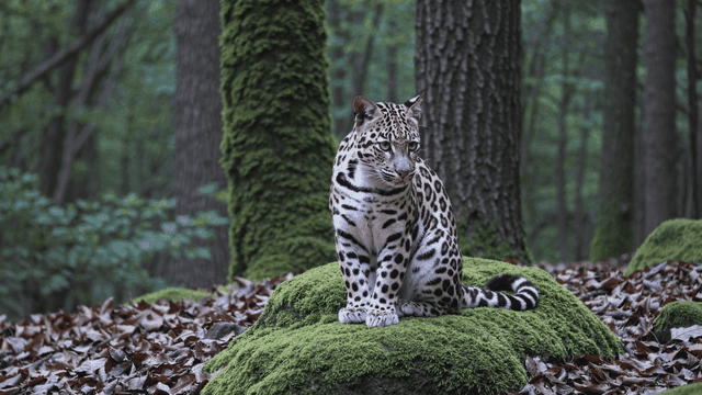 Leopard sitting on mossy rock in forest