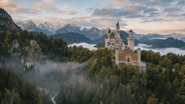 European castle surrounded by foggy mountains