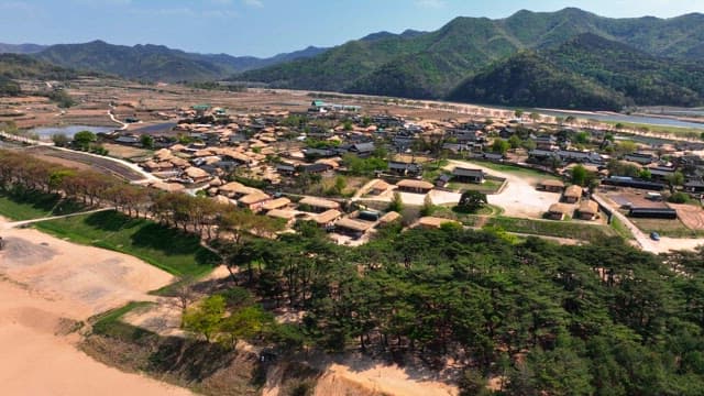 Traditional Korean house village surrounded by mountains