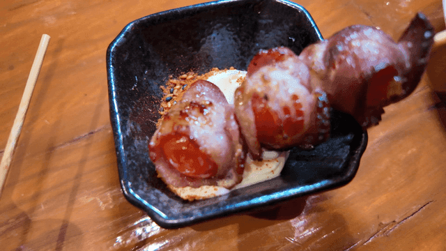 Bacon-wrapped cherry tomatoes with mayonnaise sauce