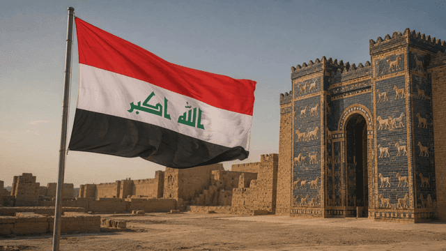 Historic desert gates and Iraqi flag