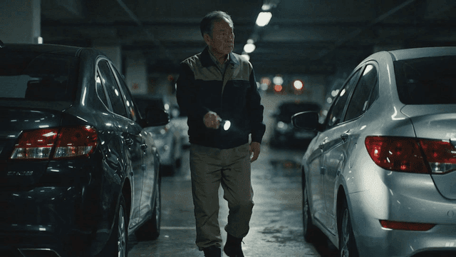 Elderly security guard patrolling dark parking lot