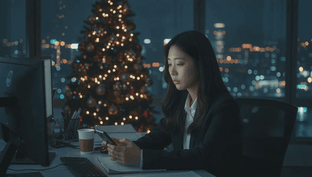 크리스마스 트리와 함께 밤에 휴대폰을 사용하는 사무직원