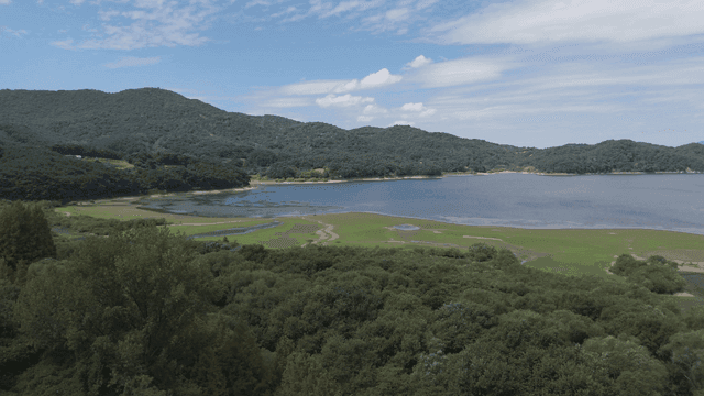 Tranquil lake surrounded by green mountains