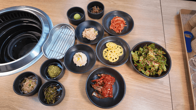 Various Korean side dishes on a table