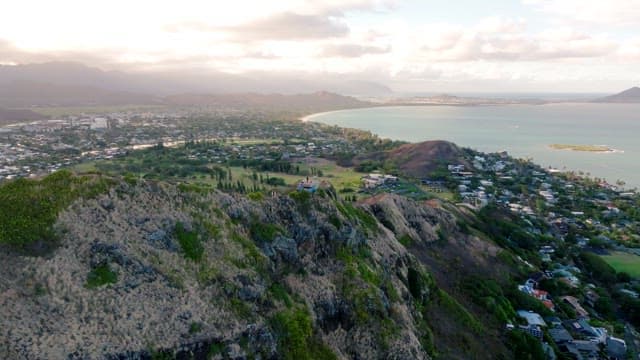 Aerial View Over Coastal Town at Sunset