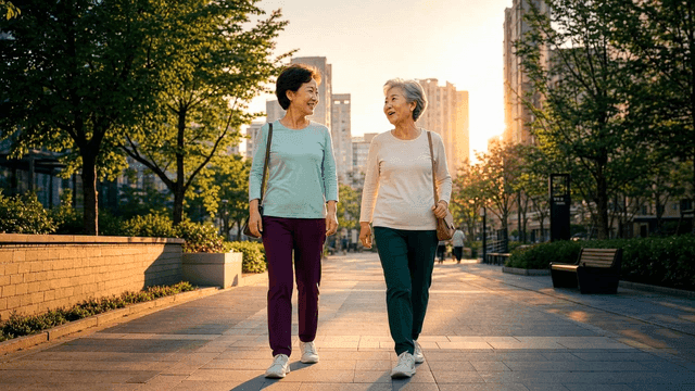 Two elderly women walking in a city park
