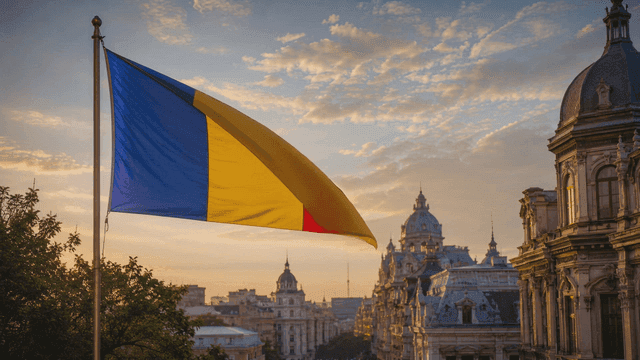 Romanian scenery with flags fluttering at sunset