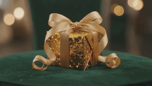 반짝이는 리본이 달린 금색 선물 상자