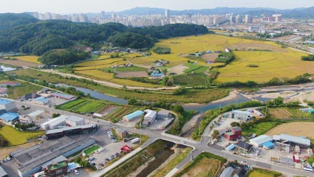 농촌 농경지와 도시의 전경