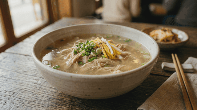 Steaming chicken soup on table