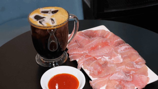 Fresh skate sashimi served with gochujang and iced coffee