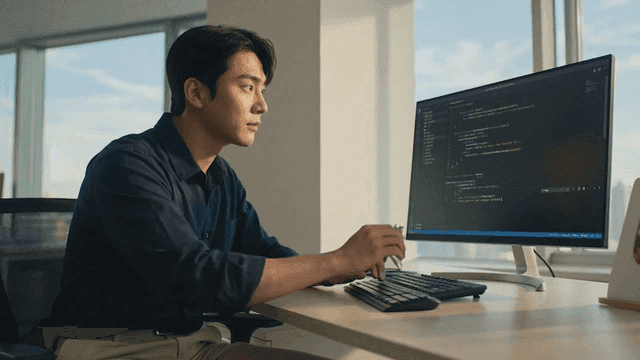 Man coding on computer in office