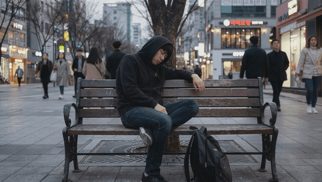 Man sleeping on bench in busy street