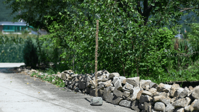 푸른 잎이 무성하고 조각품이 있는 돌길