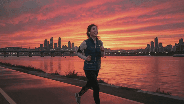 해질녘 강변을 달리는 여성