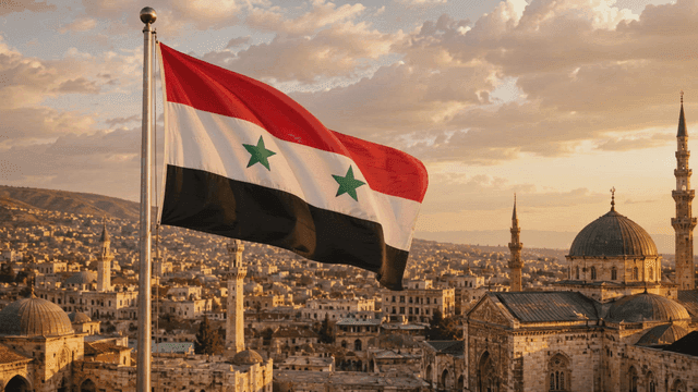 Cityscape with Syrian flag