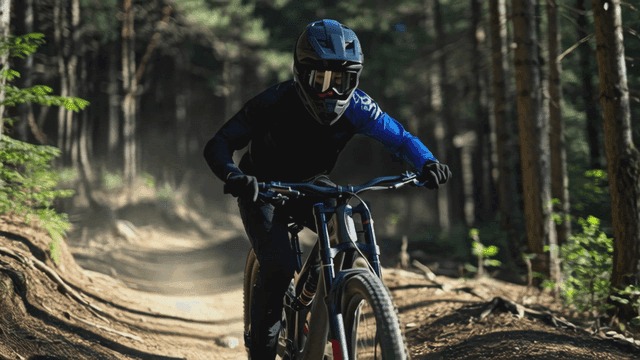 Cyclist riding on forest path