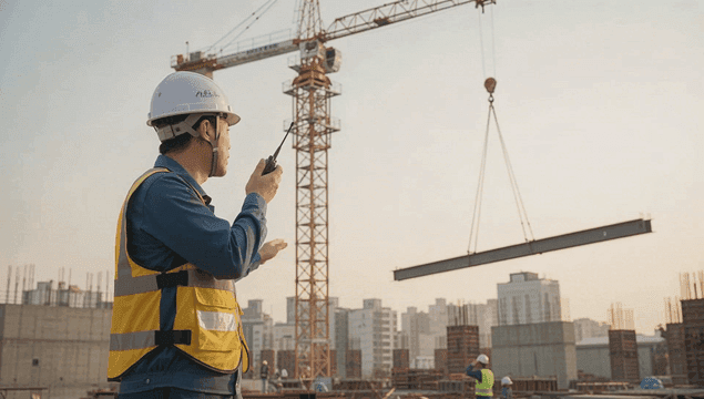 크레인을 지시하는 건설 노동자