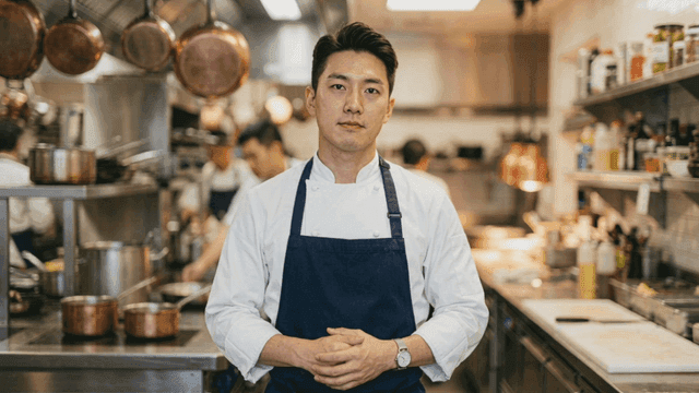 Chef in busy restaurant kitchen