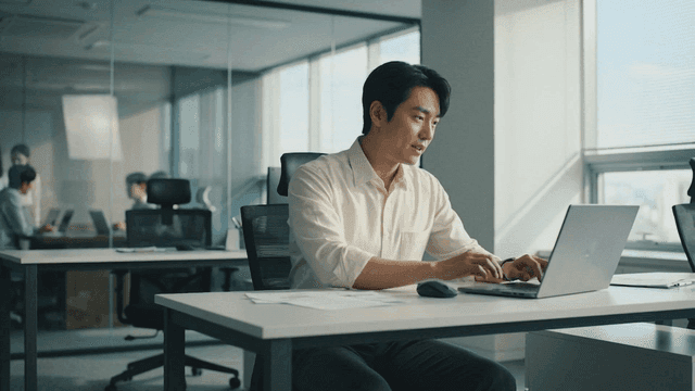 Office worker reviewing documents at desk