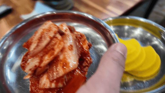 Kimchi and pickled radish on a plate