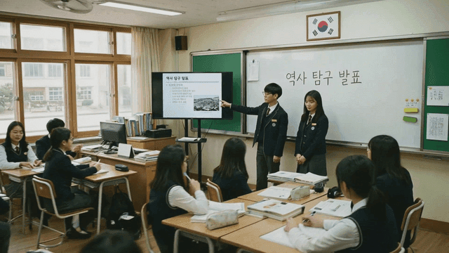 Students presenting their history research in classroom