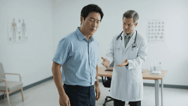 Doctor consulting patient with abdominal pain in office