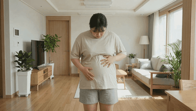 Fat woman touching her stomach in bright living room