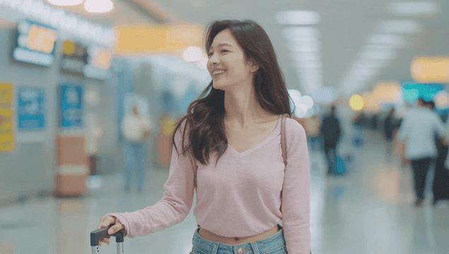 공항에서 미소 지으며 걷는 여성