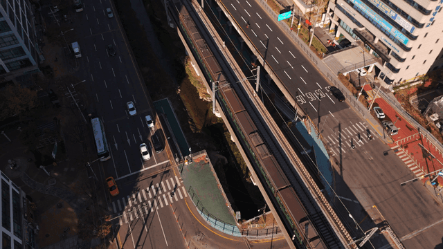 Aerial view of a busy urban intersection