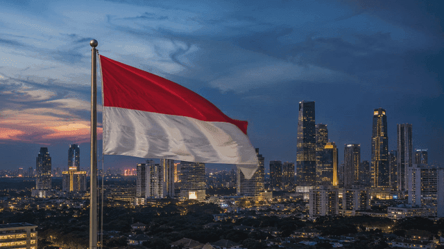 Indonesian flag fluttering against Jakarta skyline